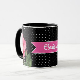 Caneca Rosas rosa-aquarela em Bolinhas brancas pretas