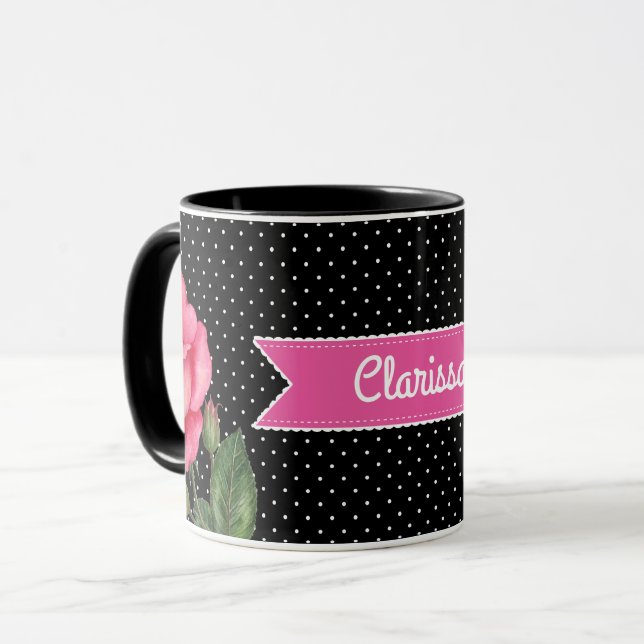 Caneca Rosas rosa-aquarela em Bolinhas brancas pretas (Frente Esquerda)