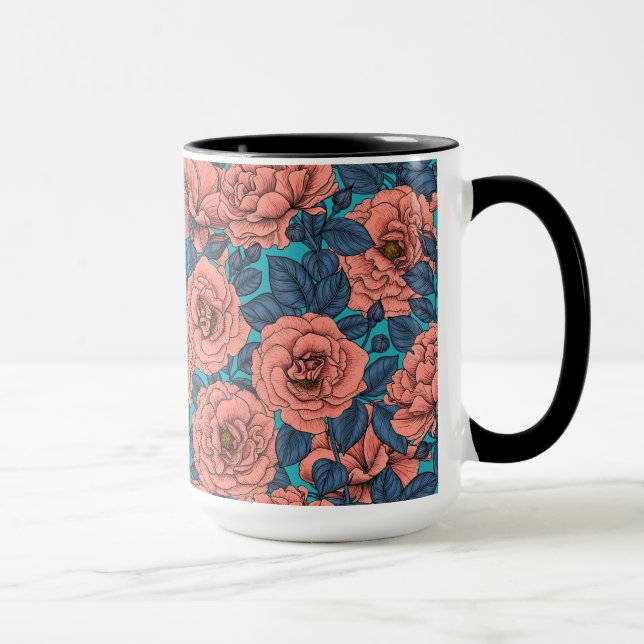 Caneca Rosas rosa com folhas azuis (Direita)