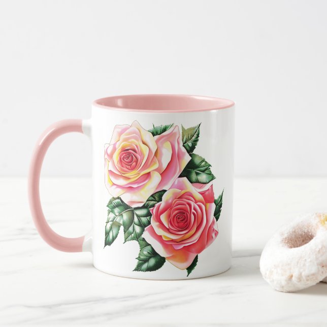Caneca Rosas Rosa Coral e Folhas Verdes Jade (Com Donut)