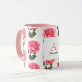 Caneca Rosas Rosa Personalizadas Monograma de Arte Floral