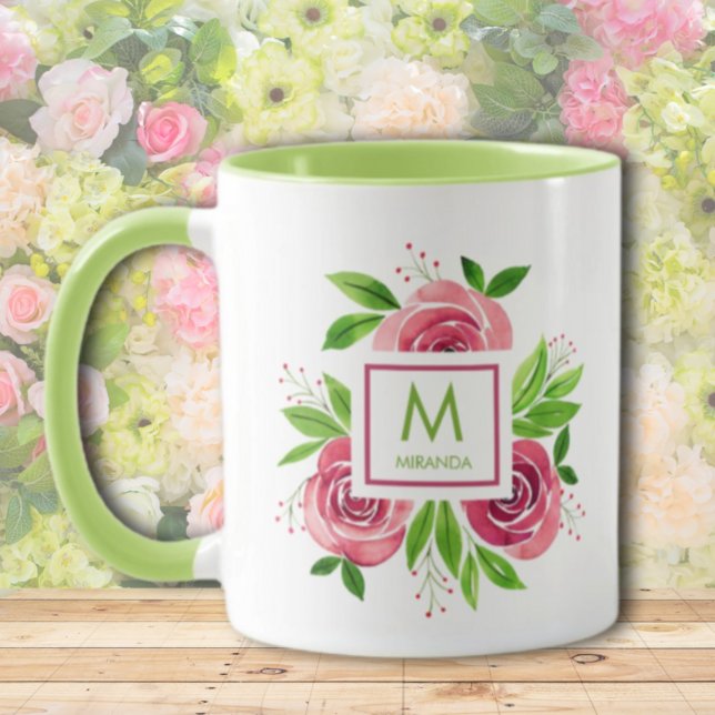 Caneca Rosas Rosa Quente de Aquarela Monograma de Limão d (Criador carregado)