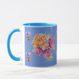 Caneca Rosas Rosa Violeta rosa Azul Shabby Watercolor Mug