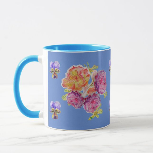 Caneca Rosas Rosa Violeta rosa Azul Shabby Watercolor Mug (Esquerda)