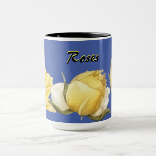 Caneca "Rosas" Rosas Amarelas em Café Azul