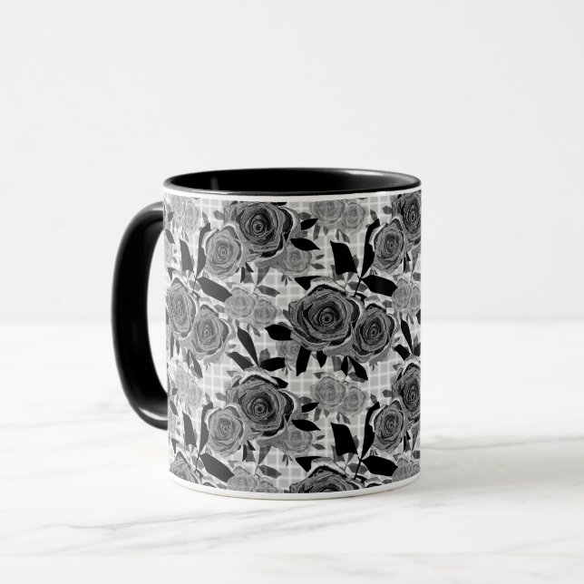 Caneca Rosas, rosas, preto e cinza, pretos (Frente Esquerda)