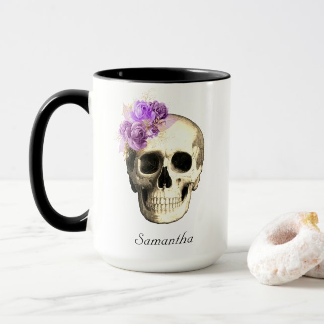 Caneca Rosas Roxos do Crânio Gótico Personalizados (Com Donut)