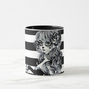 Caneca Rosas Vermelhas & Caveiras Cinza Floral Gótico Pre