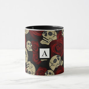 Caneca Rosas Vermelhas & Caveiras Cinza Preto Floral Góti