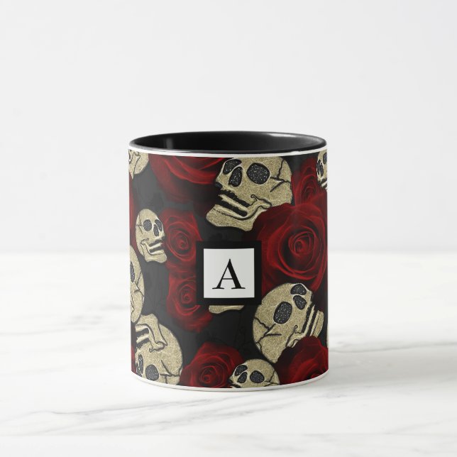 Caneca Rosas Vermelhas & Caveiras Cinza Preto Floral Góti (Centro)