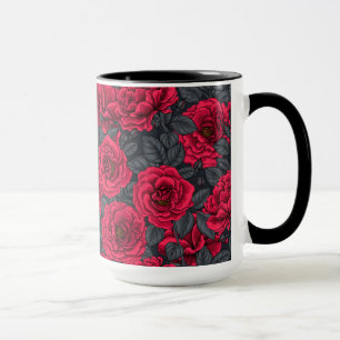 Caneca Rosas vermelhas com folhas de cinza em preto
