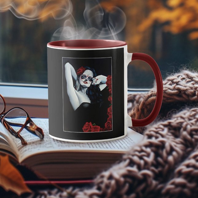 Caneca Rosas vermelhas de crânio de açúcar preto (Criador carregado)