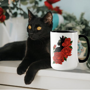 Caneca Rosas vermelhas de gatos pretos