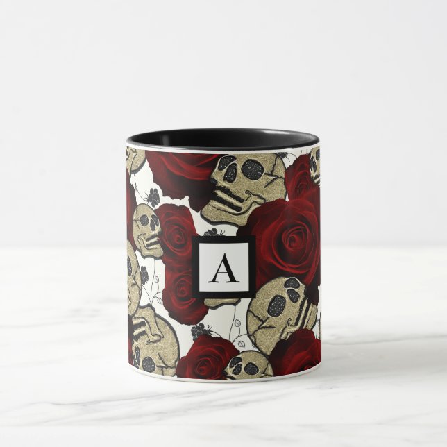 Caneca Rosas Vermelhas e Caveiras Floral Preto Gótico Bra (Centro)