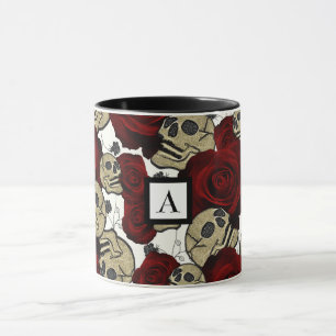 Caneca Rosas vermelhas e crânios Preto Branco Floral Pret
