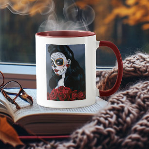 Caneca Rosas Vermelhas Elegantes Caveira de Açúcar Gótica