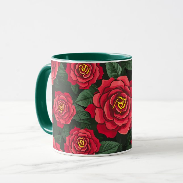 Caneca Rosas vermelhas Elegantes com padrão de folhas ver (Frente Esquerda)