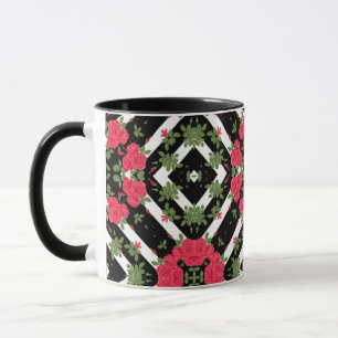 Caneca Rosas vermelhas flores brancas caleidoscópicas fl