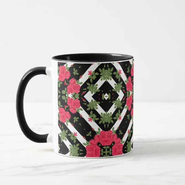 Caneca Rosas vermelhas flores floral caleidoscópio preto  (Esquerda)