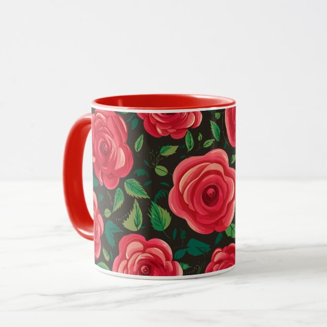 Caneca Rosas vermelhas no Bloom: Uma Tela Floral Espelhad (Frente Esquerda)