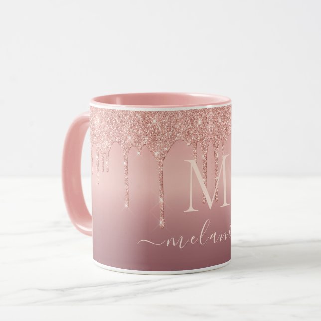 Caneca Rose Gold Glitter Coffee Mug Your Name and Letter (Frente Esquerda)