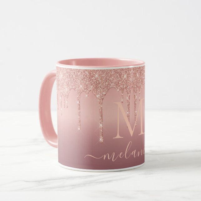 Caneca Rose Gold Glitter - Letra Personalizada Nome Café  (Frente Esquerda)