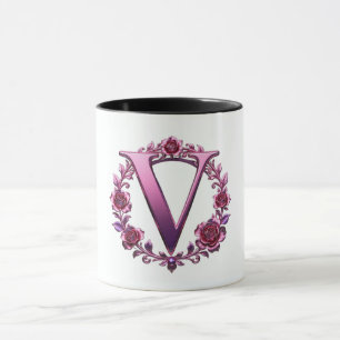 Caneca Rosemaling Metálico Moderno Letra V Rosa/Roxo