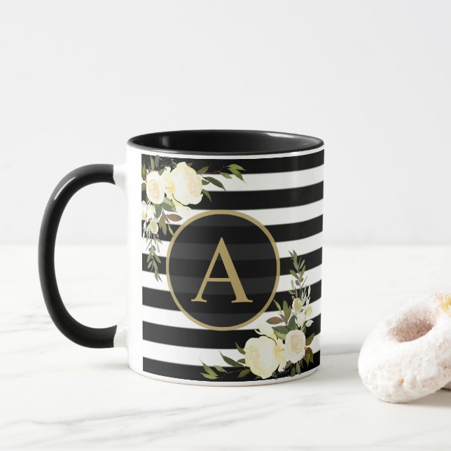 Caneca ROSES BRANCOS Dourados Monograma Branco Preto Stri (Com Donut)