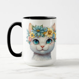Caneca ROSTO BRANCO DE GATO bonito DE COR DE ÁGUA COM FLO