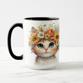 Caneca ROSTO BRANCO DE GATO bonito DE COR DE ÁGUA COM FLO
