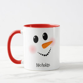 Caneca Rosto Feliz de Boneco de Neve Vermelho Nome Person