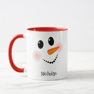 Caneca Rosto Feliz de Boneco de Neve Vermelho Nome Person