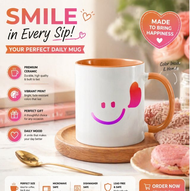 Caneca Rosto Feliz HappeSmiley com Coração – Vibrações Fe (Criador carregado)