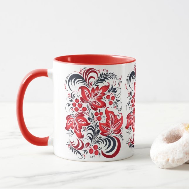 Caneca Rotes und schwarzes dekoratives Muster aus Blätter (Com Donut)
