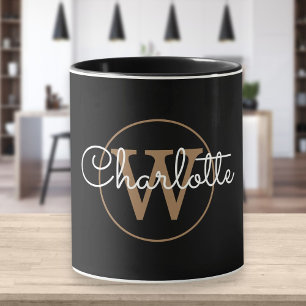 Caneca Rótulo Dourado de Letra Cursiva Moderna Preta