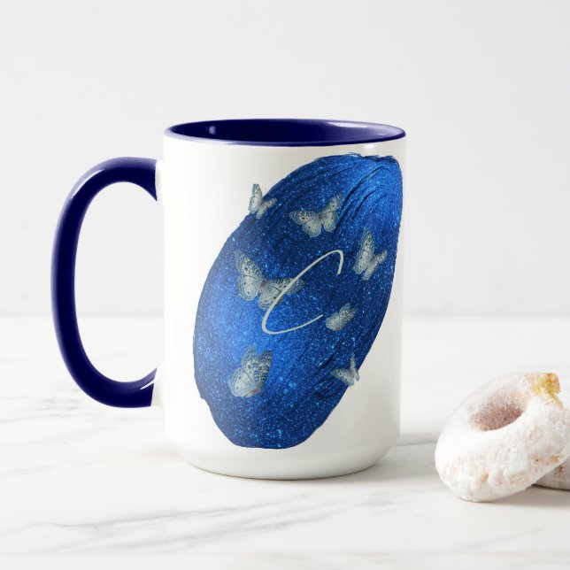 Caneca Royal Blue Butterflies Initials - Letra C Monogram (Com Donut)
