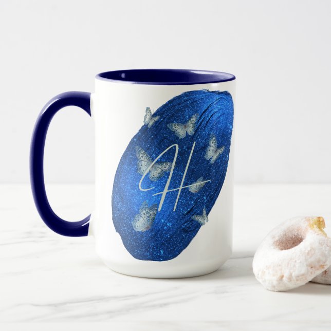 Caneca Royal Blue Butterflies Initials - Letra H Monogram (Com Donut)