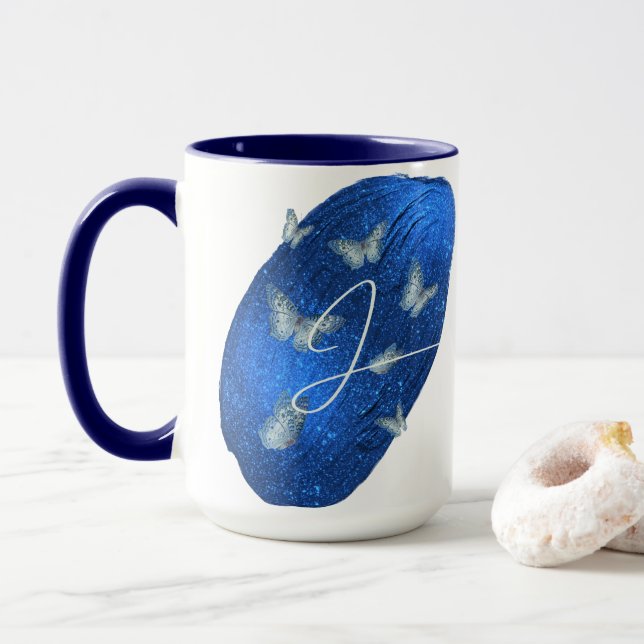 Caneca Royal Blue Butterflies Initials - Letra J Monogram (Com Donut)