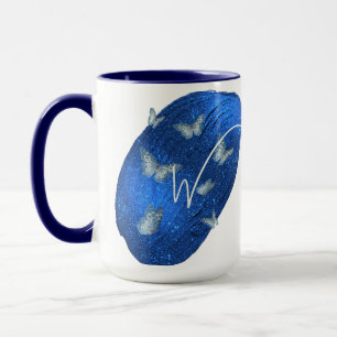 Caneca Royal Blue Butterflies Initials - Letra W Monogram