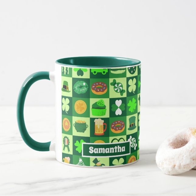 Caneca Rua. Ícones do dia de Patrick Padrão sem costura (Com Donut)