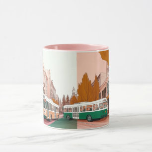 Caneca rua movimentada da cidade com ônibus e edifícios