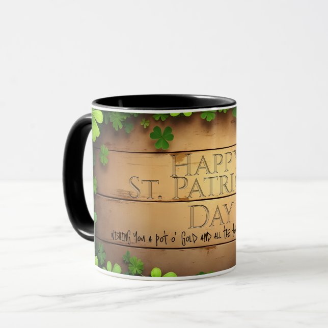 Caneca Rua Sortuda. Desejos do Dia de Patrick 🍀 (Frente Esquerda)