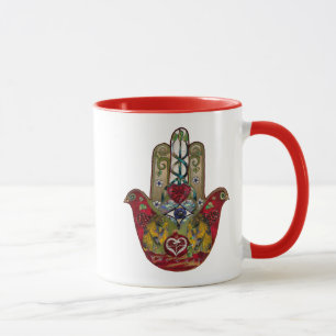 Caneca Rubis Romã Coração Vermelho Pássaro Hamsa