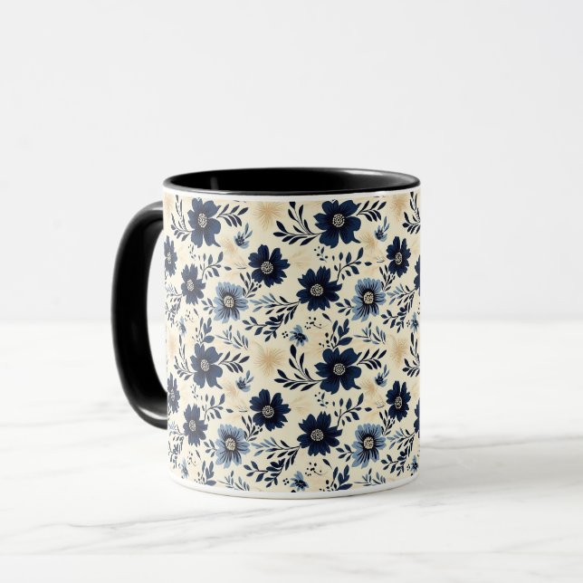 Caneca Rustic Dark Blue Beige Flower Folk Art Print (Frente Esquerda)