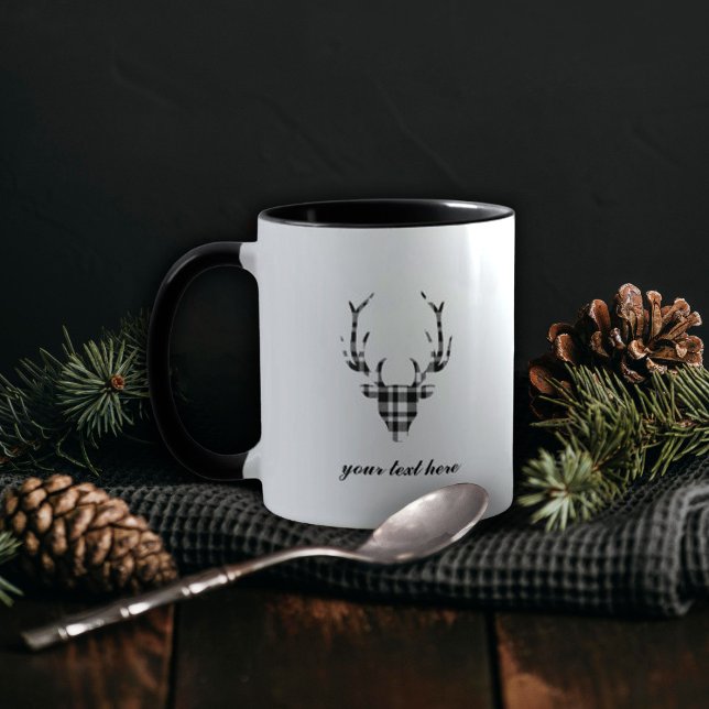 Caneca Rustic Elegant Personalized Plaid Deer Mug Cup (rustic elegant personalized black and white plaid deer mug)