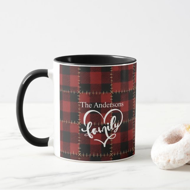 Caneca Rustic Farmhouse Red Buffalo Plaid Family Name  (Com Donut)