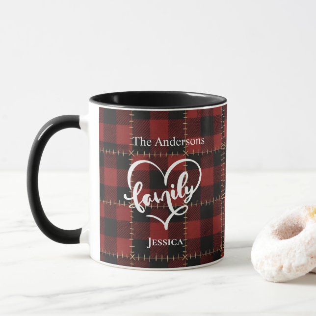 Caneca Rustic Red Buffalo Plaid Customizable Family Name  (Com Donut)
