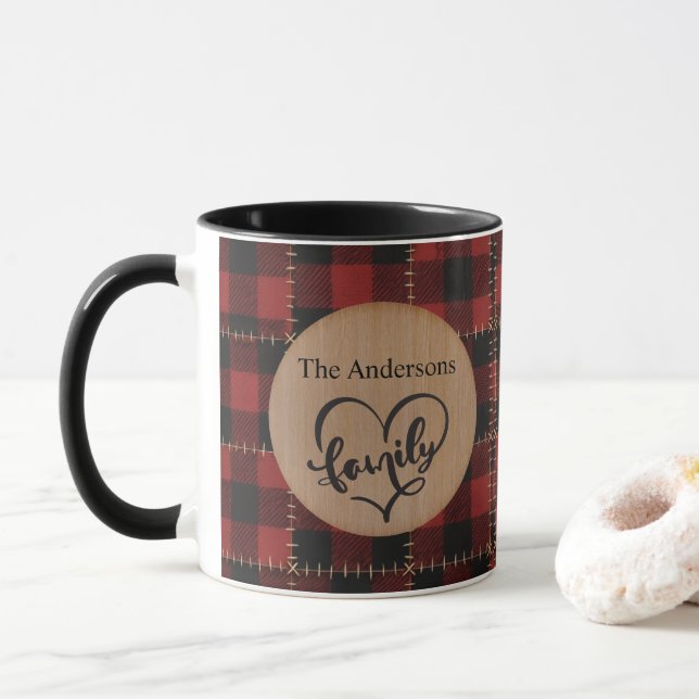 Caneca Rustic Wood Red Buffalo Plaid Family Christmas (Com Donut)