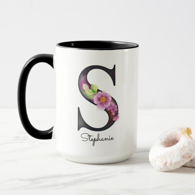 Caneca S Monograma Roxo Nome Personalizado Floral (Com Donut)