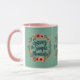 Caneca Saboreie os Momentos Simples Citação Floral Boho